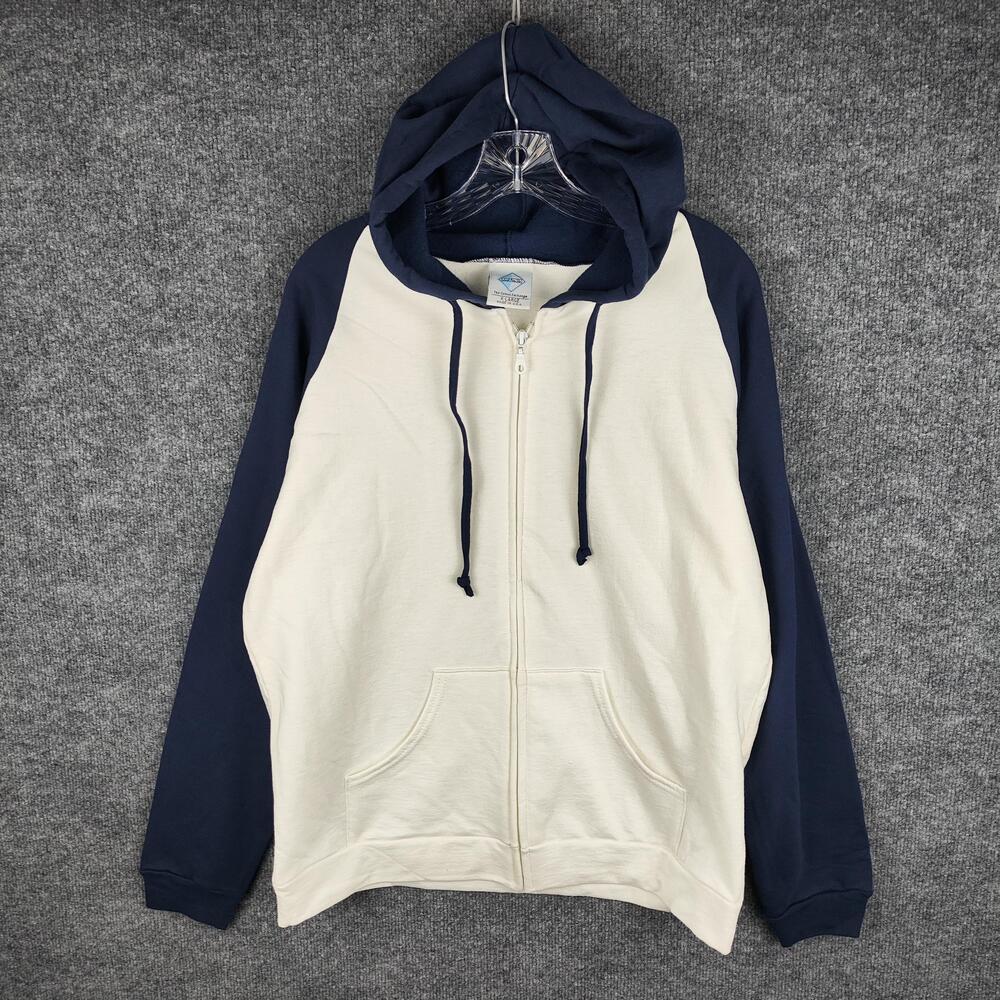 The Cotton Exchange Hoodie Mens XL White Navy Full Zip Raglan Fleece Sweatshirt